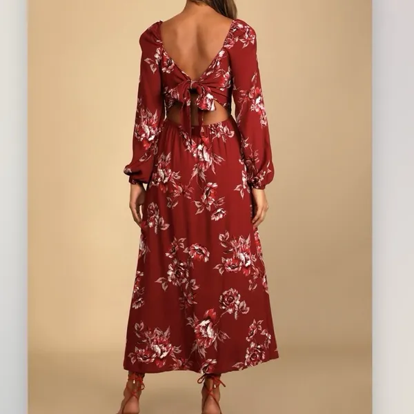 NWT‎ Lulus Total Perfection Burgundy Floral Print Tie-Back Midi Dress SMALL - Image 4