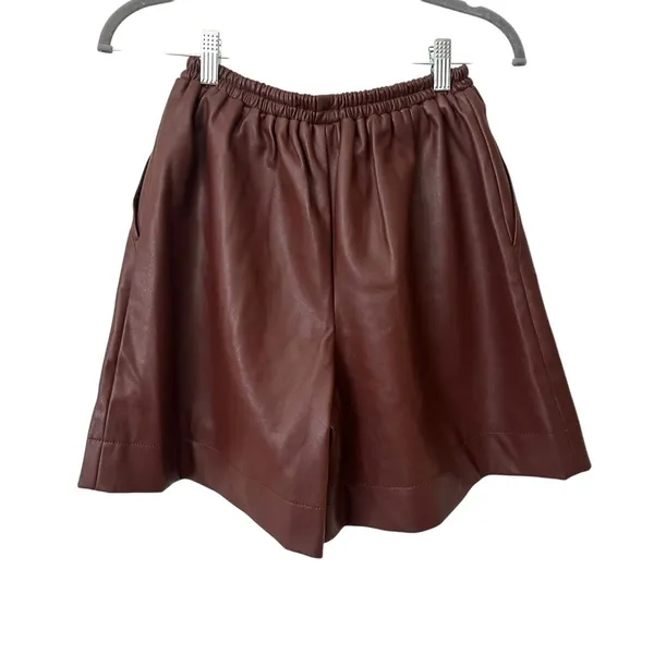 STAUD Clark‎ Vegan Leather Mid-Length Shorts Brown XS - Image 3