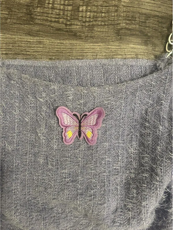 Purple Knit Crop Top with Chain Straps and Butterfly Patch Size L - Image 4