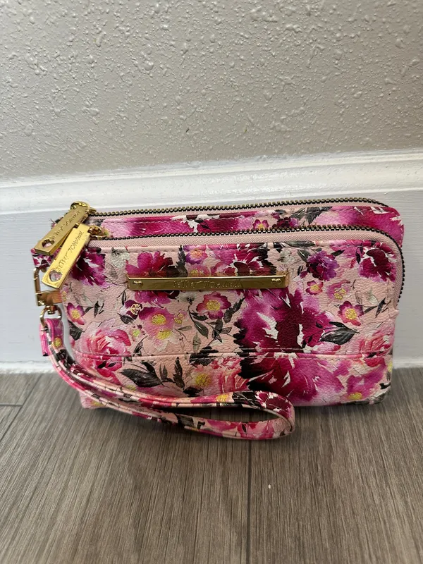 Betsey Johnson Floral Wristlet Wallet Pink Double Zip Clutch - Image 7
