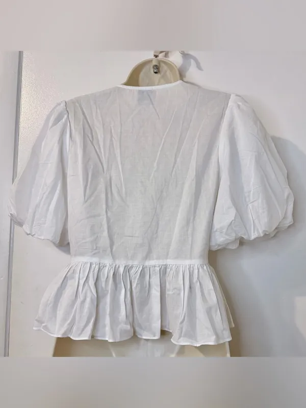 Playa Lucila White Puff Sleeve Peplum Tie Front Blouse S - Image 9