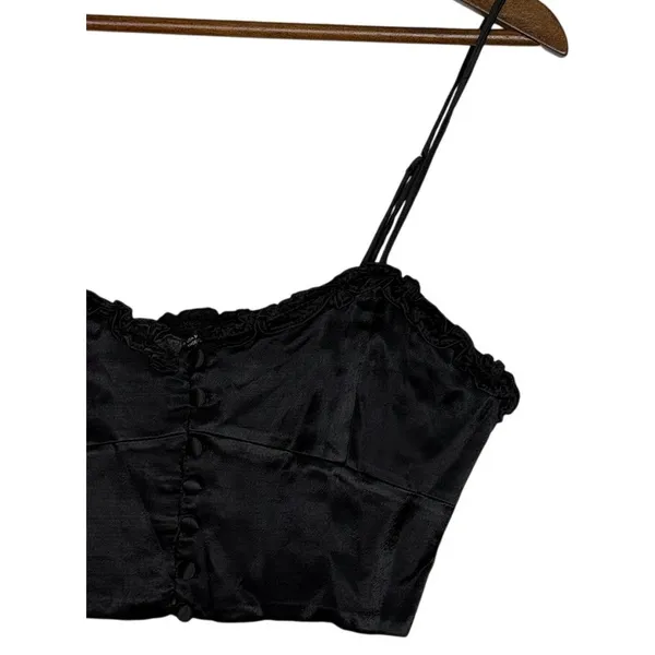 Zara Ruffled Satin Crop Top Adjustable Straps Front Buttons Smocked Back M Black - Image 2