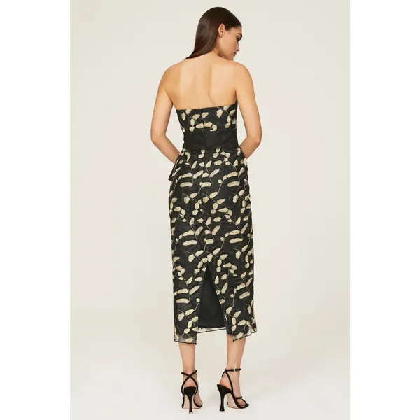RTR Sz 4 Shoshanna Valerie Black Gold Leaf Strapless Bow Waist Midi Dress - Image 3