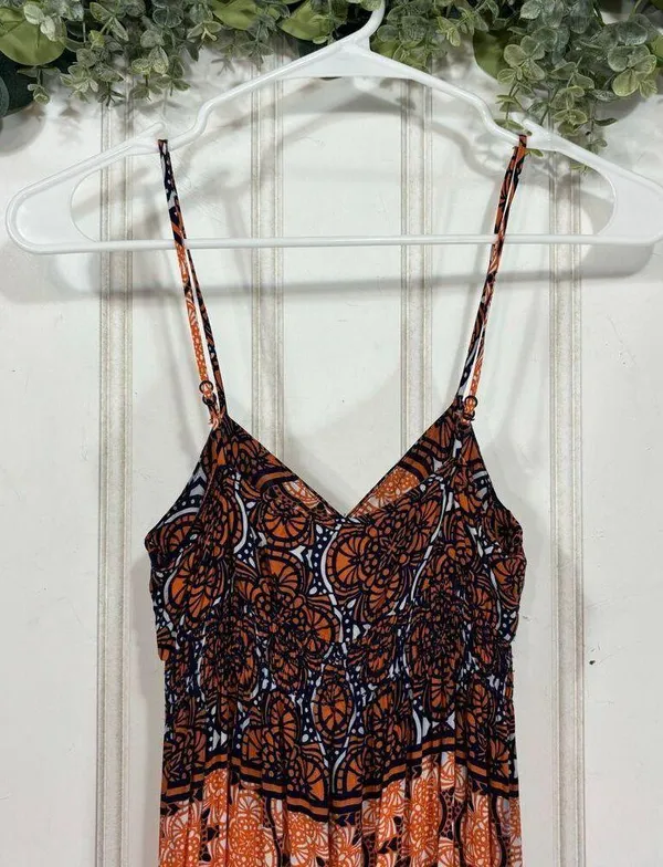 AQUA Hippie Boho Orange Navy Blue Strappy Maxi Dress SMALL Feminine - Image 3