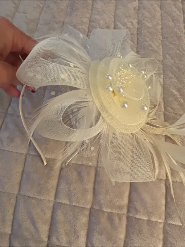 Ivory Floral Feather Fascinator Headpiece - Women Accessories Beige - Image 7