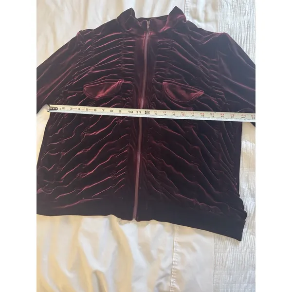 Ashley Stewart Burgundy Maroon Velvet Zip Up Ruched Pockets Long Sleeve - Image 4