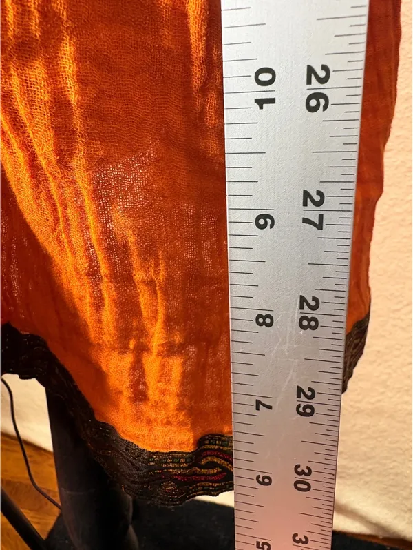 Boho Peasant Tunic Dress Burnt Orange Embroidered Gauze V-Neck Small/Medium - Image 7