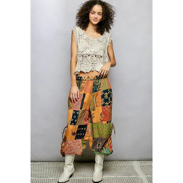 POL Printed Patchwork Wide Leg Pants with Adjustable Side Drawstring -‎ Small - Image 6