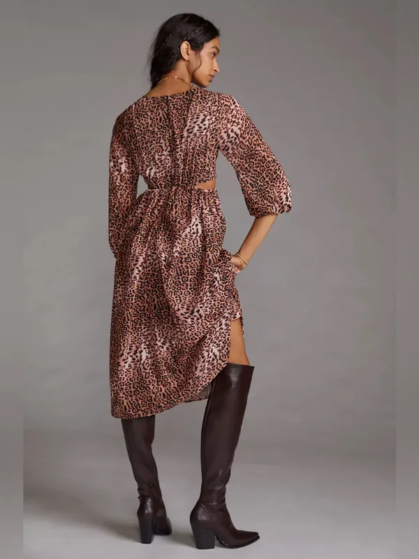 Anthropologie / Ranna Gill | Leopard Cut-Out Midi Dress, Small - Image 2