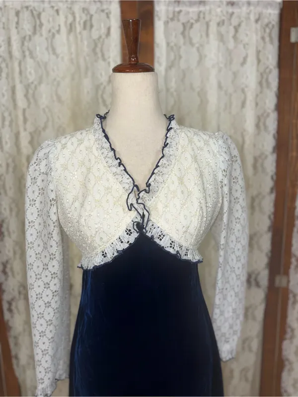 Gorgeous Vintage 1970s Navy Blue Velvet Formal Gown - Image 4