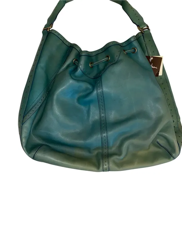 Y2K Vintage Cole Haan Teal Leather Drawstring brass studded Hobo Bag Boho fairy - Image 10