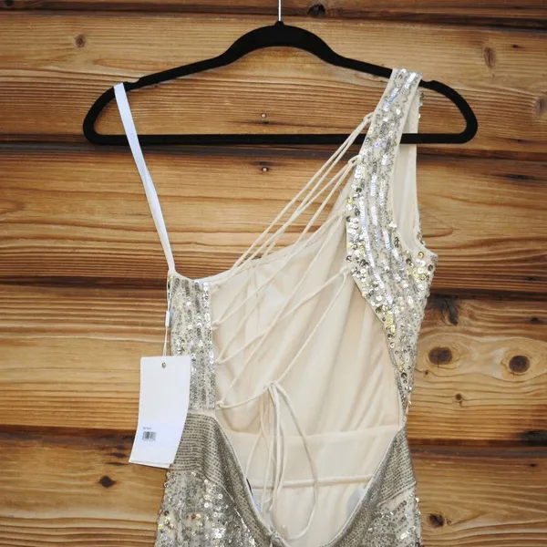 Mac Duggal 5687 SEQUINED ONE SHOULDER DRAPED LACE UP GOWN dress Silver 8 - Image 11