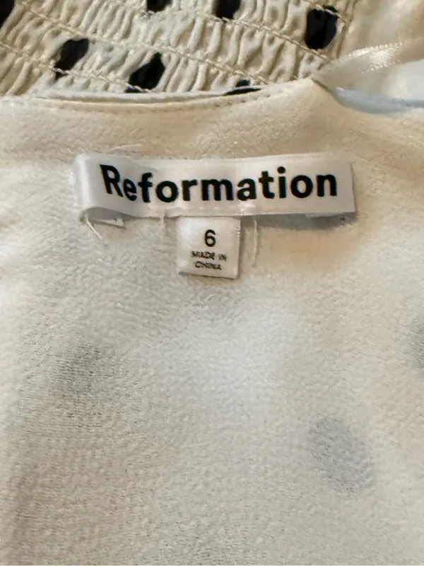 Reformation Ivory With Black Polka Dot Satin Wrap Cropped Long Bell Sleeve Top - Image 6