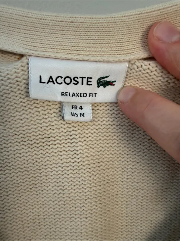 Lacoste Cream V-Neck Cardigan with Athletic Patch size medium - Image 3