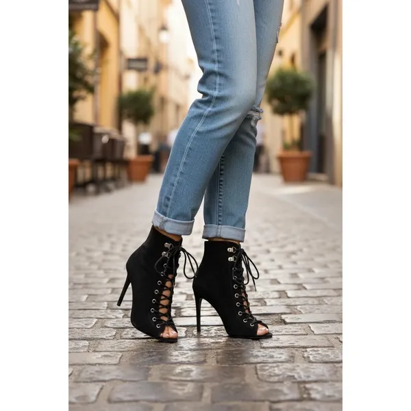 Forever 21‎ Womens Size 9 Black Faux Suede Lace Up High Heel Booties - Image 2