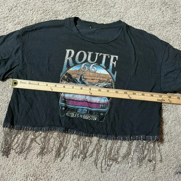 Cropped Route 66 T Shirt‎ Women Rhinestone Fringe Black Graphic Tee Grunge - Image 7