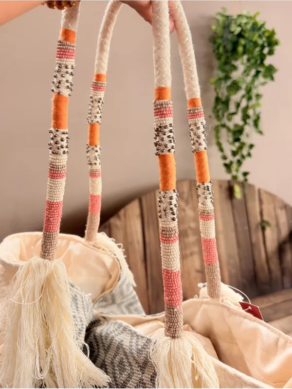 MERONA cloth tote ivory with beads handles India. Exclusive decoration - Image 10