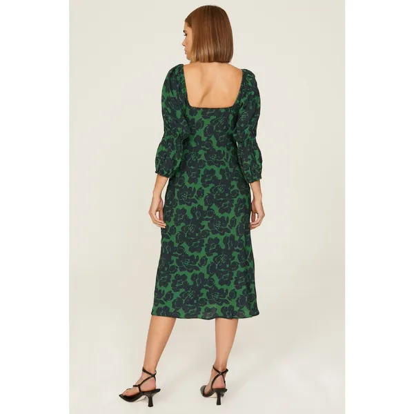 Peter Som Green Floral Print Crepe Long Sleeve Square Neck Midi Dress Size 6 - Image 3