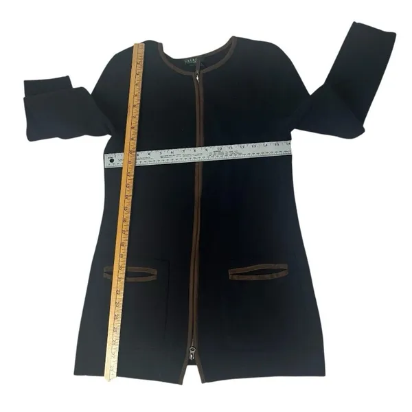LAUREN RALPH LAUREN Black Cotton Knit Jacket Brown Faux Suede Trim Size Medium - Image 7