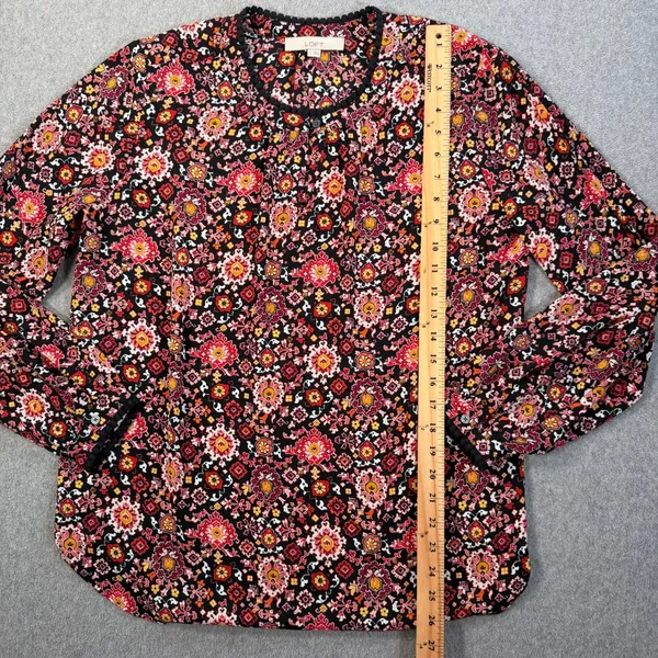 LOFT Women's Medium Black Red Pom Pom Trim Long Sleeve Blouse Top Keyhole - Image 7