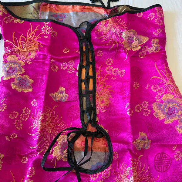 Hot Pink Satin Brocade Halter Top ✧ Chinese Cheongsam Style Lingerie Set ✧ Open Back Lace-Up ✧ XL ✧ Y2K Festival Top + Thong - Image 6