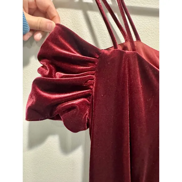 Vintage 90s Dollar USA Burgundy Velvet Cold Shoulder Maxi Dress M - Image 6