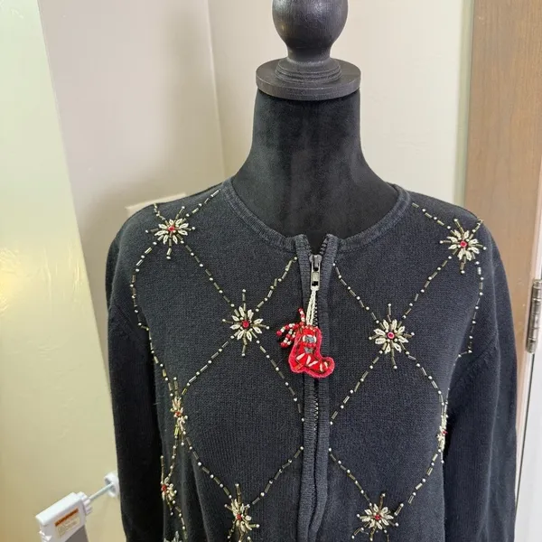 Vintage Tiara Holiday Christmas Zip Up Sweater Cardigan Ugly Sweater Holiday S - Image 4