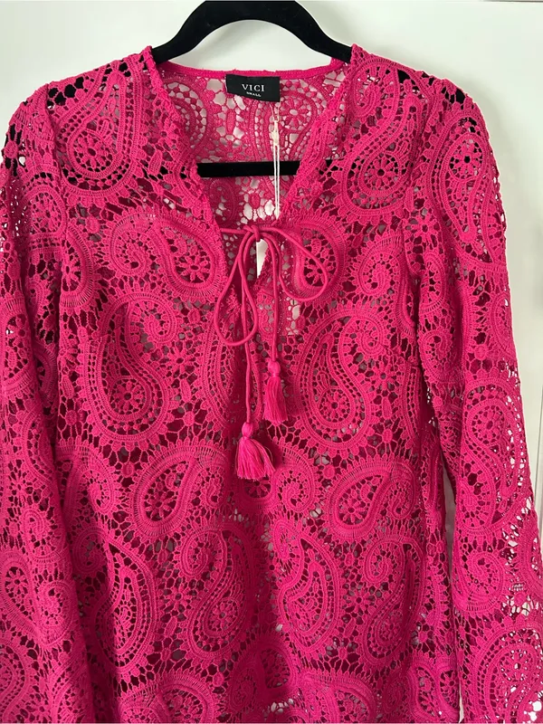 Vici Fuchsia Paisley Lace Crochet Long Sleeve Swim Cover-Up Mini Dress Front Tie - Image 5