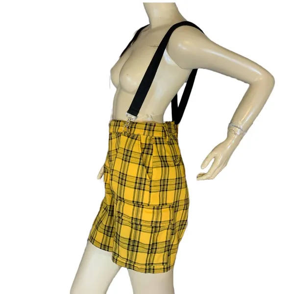 Hot Topic Yellow & Black Plaid Pleated Front Cargo Suspender Shorts (S) - Image 7
