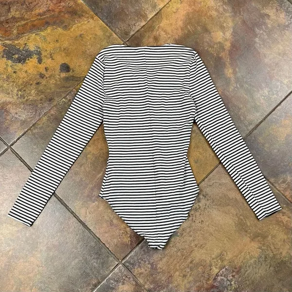 Who What Wear Black White Striped Lace Up Neck Long Sleeve Bodysuit XS - Image 8