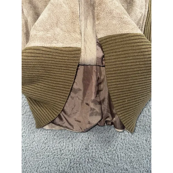 Retro Leather Knit Jacket Women L Brown Ribbed Full Zip VTG‎ Boho Mixed Media - Image 8