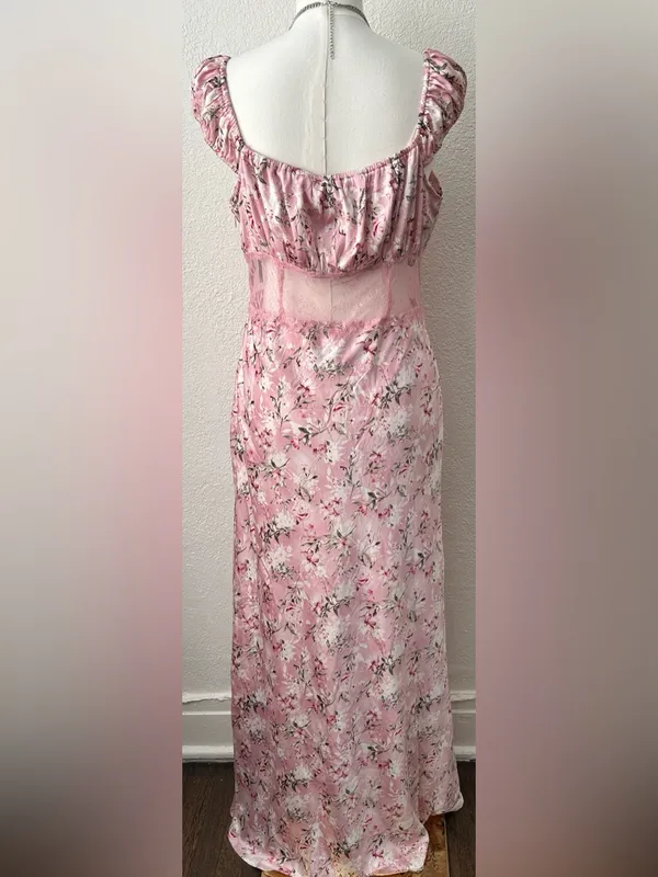 Forever 21 Size L Lace-Trim Midriff Panel Satin Floral Maxi Dress Cap Sleeves - Image 3