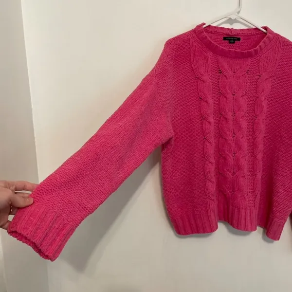 AMERICAN EAGLE AEO AE Chenille Cable Knit Sweater Bright Pink Barbie Oversized L - Image 8