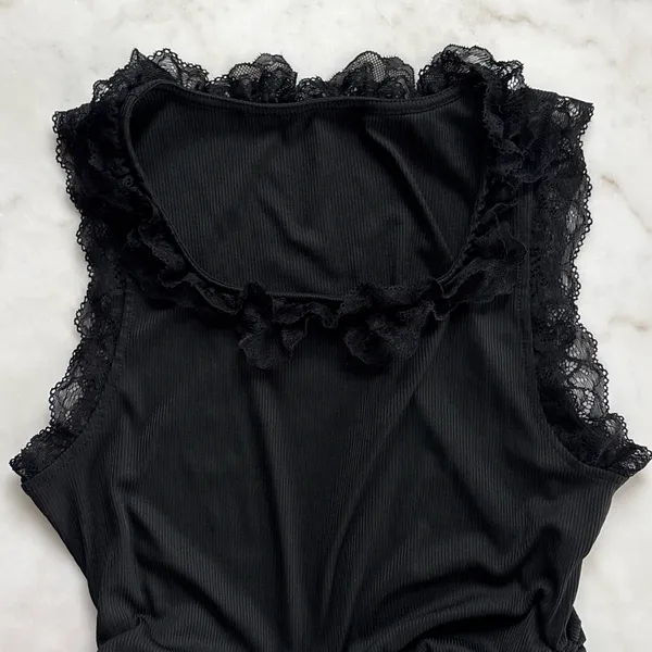 Y2K Black Ribbed Lace Trim Top Ruched Side Drawstring Size Medium - Image 2