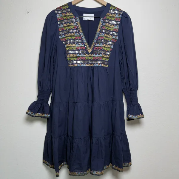 Pomander Place Womens‎ 100% Cotton Kenzo Dress M Navy Embroidered Sequin Tiered - Image 2