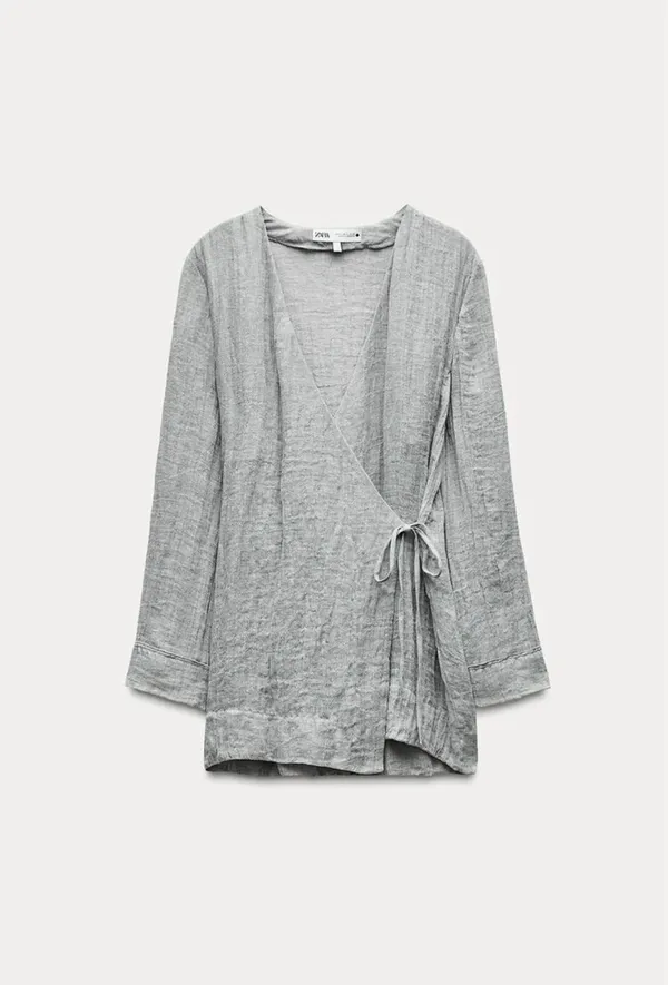 NWOT Zara 100% Linen Kimono Co Ord Matching Set Flowing Trousers wrap top gauze sz M - Image 4