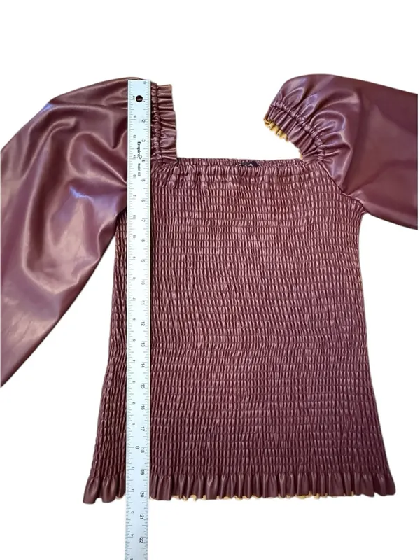 Ever After Faux Leather Smocked Puff Sleeve Top Burgundy Women’s M - Image 8