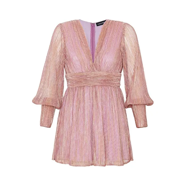 Retrofete Dani Pink Gold Lurex Long Sleeve V-Neck Mini Dress Size Small - Image 4