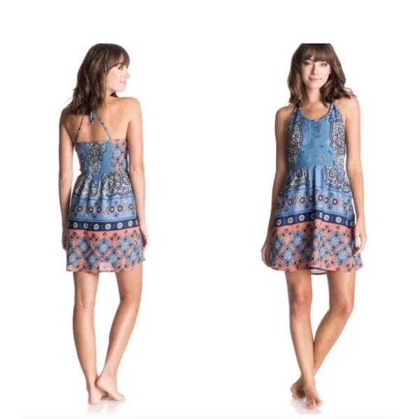 Roxy Dance to the Beat Sundress Womens S Paisley Crochet Blue Coral Pockets Boho - Image 2