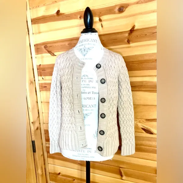 St Johns Bay Tan Button Up Round Neck Cardigan w/Ribbed Back & Woven Front Sz S - Image 4