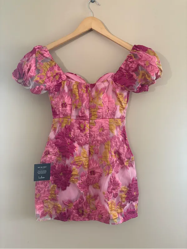 Lulus Luxe Direction Pink Floral Jacquard Puff Sleeve Mini Dress Size XXS flirty - Image 5