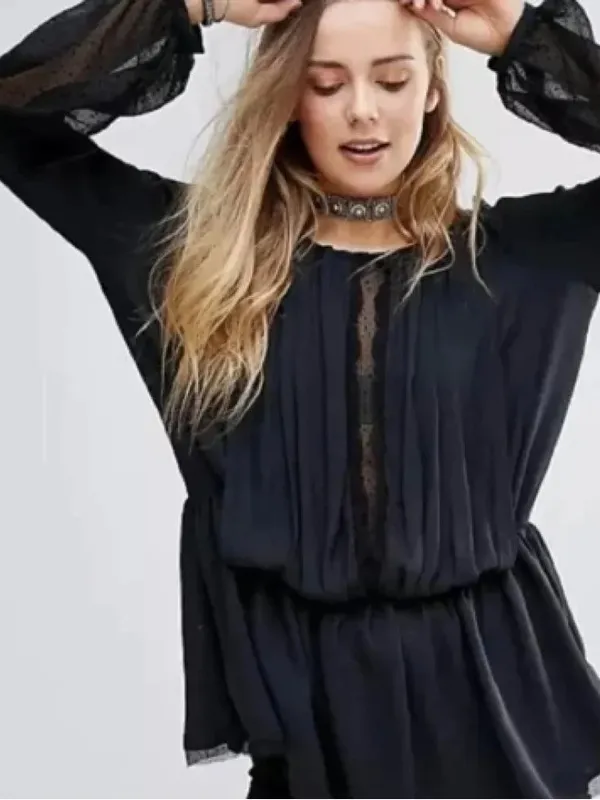 Free People Soul Serene Top Black Size XS Sheer Contrast Whimsigoth Boho Witchy - Image 4