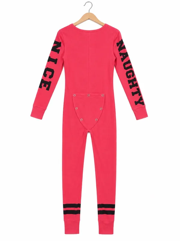 VS PINK Naughty Not Nice One Piece Onesie Pajamas Thermal Butt Flap Red Small - Image 2
