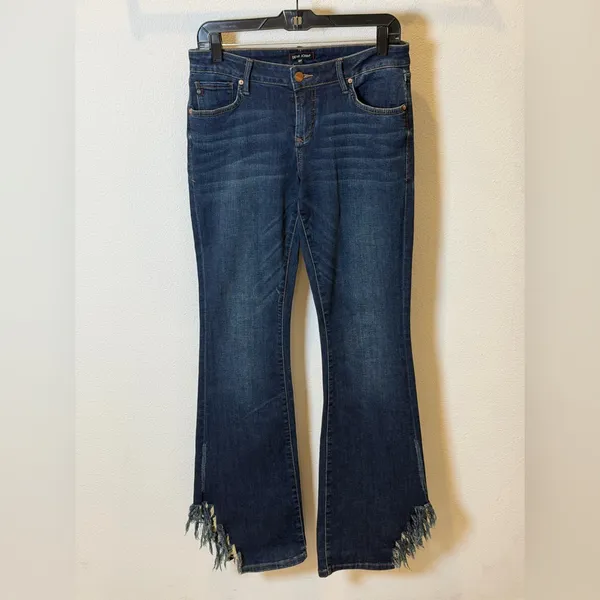 Dear John Rosie Flare Jeans – Size 27 – Dark Wash Fringe Hem – 34” Inseam - Image 4