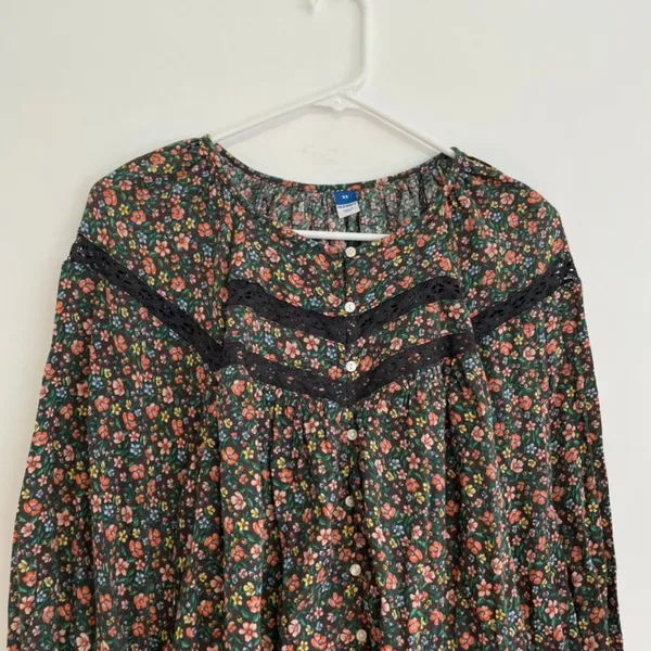 OLD NAVY Long Sleeve Lace Trimmed Floral Print Blouse Brown Button Cottagecore - Image 4