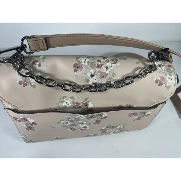 Nine West Beige Floral Crossbody Bag Chain Accents Snap Closure Detachable Str - Image 5