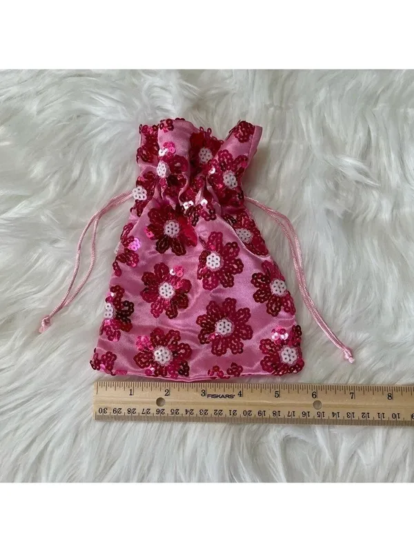 Pouch Pink Satin Sequin Drawstring Floral - Image 6