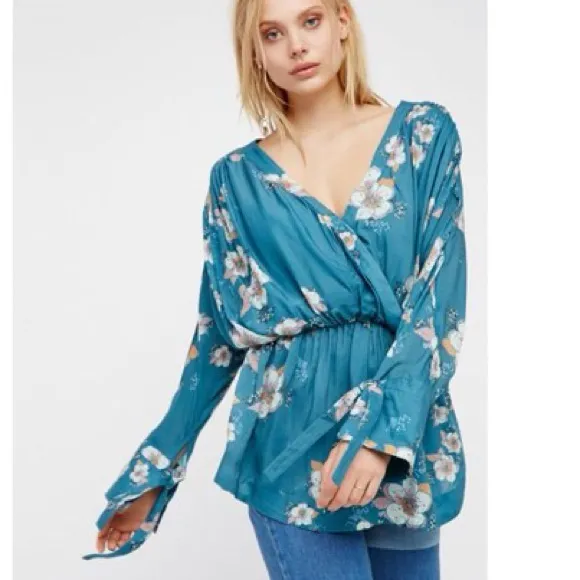 Free People Tuscan Dream Floral Tunic Dress V neck Blouse Teal Long Sleeve Femme - Image 7