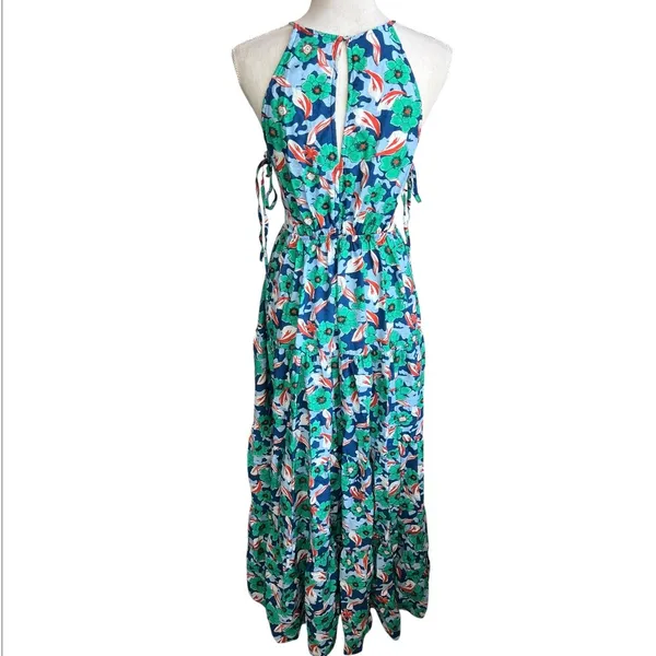 Aakaa green floral maxi dress halter side cutouts summer tiered feminine medium - Image 6