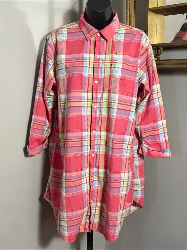Lauren Ralph Lauren Medium Coral Pink Plaid Button Up Tunic Top or Nightgown - Image 2